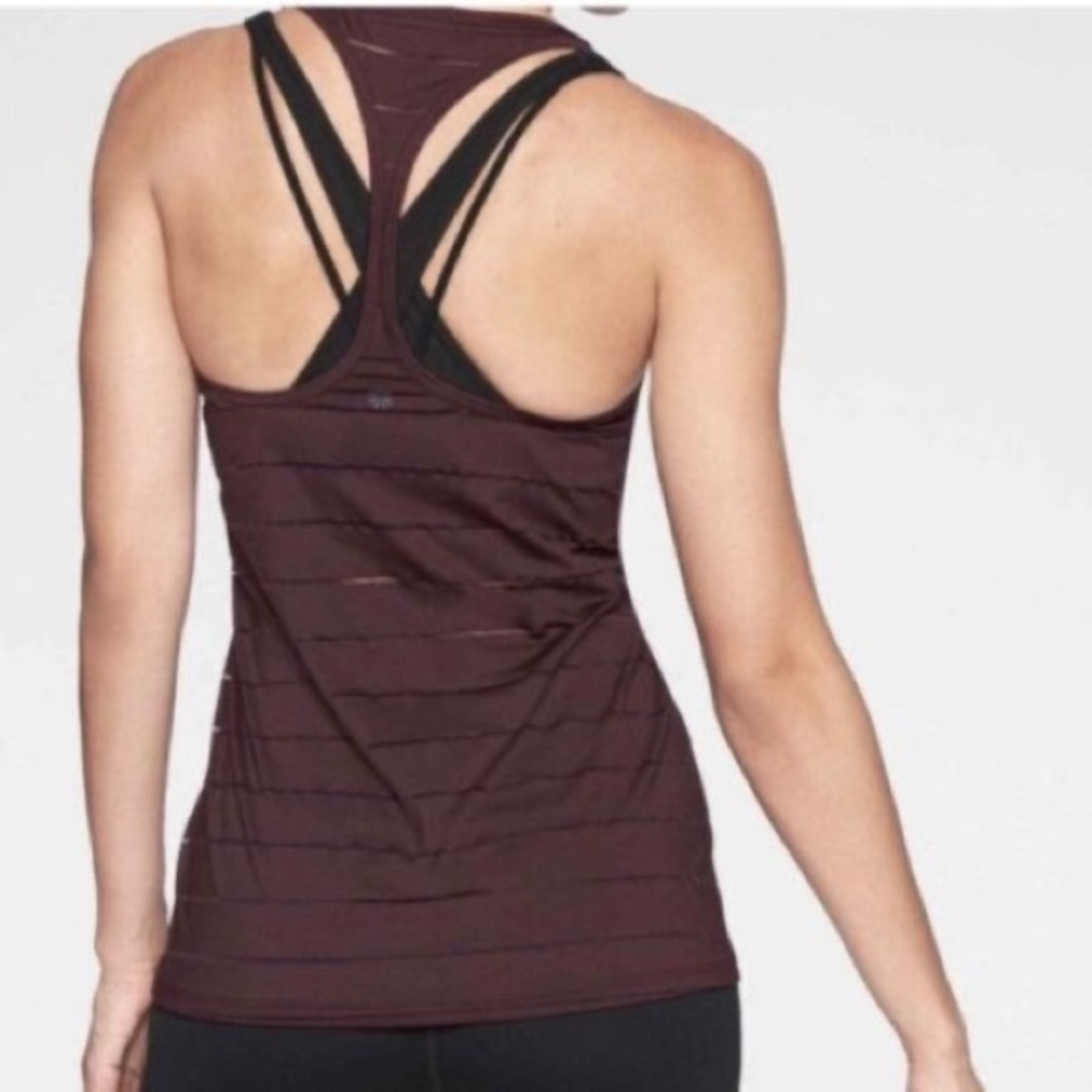 Athleta Stripe Mesh High Neck Chi Tank Women’s Small Maroon/Burgundy 868490